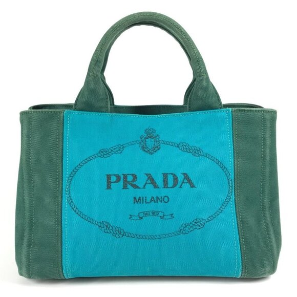 PRADA Canapa logo stripes Bag Tote Bag Hand Bag Canvas Green/blue - Picture 1 of 13